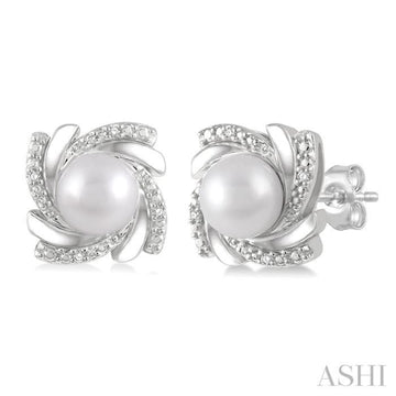6x6 MM Round Shape Cultured Pearls and 1/50 Ctw Swirl Round Cut Diamond Earring in Sterling Silver